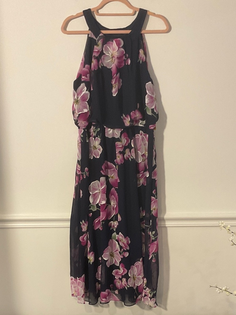Signature by Robbie Bee Black Floral Maxi Dress with Pink Blossoms